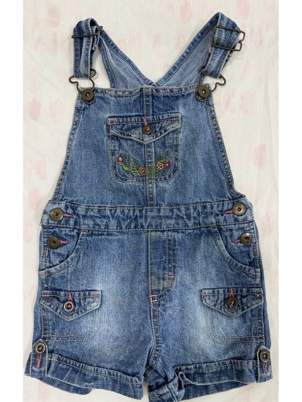 Genuine Kids From OshKosh Girls 2T Denim Shortalls Floral Embroidered